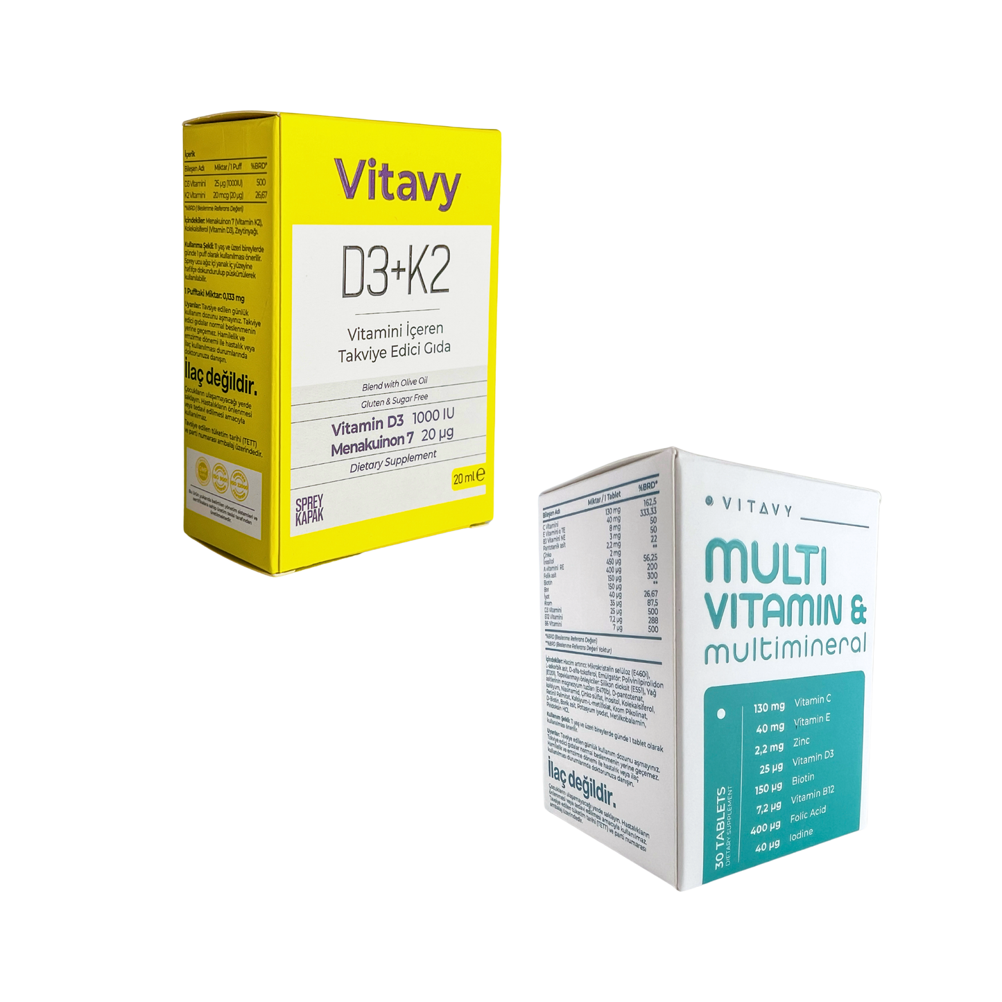 Vitavy Vitamin ve Mineral İçeren Takviye Edici Gıda (Multivitamin & Multimineral) ve Vitavy D3K2 Vitamini İçeren Takviye Edici Gıda | İkili Set