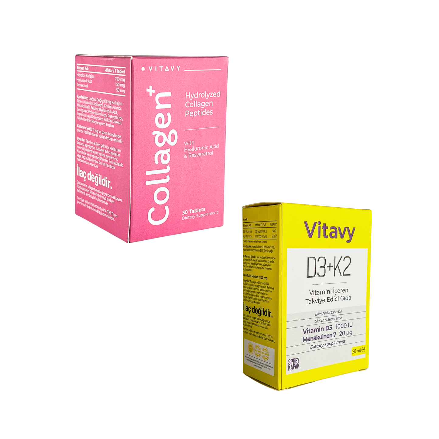 Vitavy D3K2 Vitamini İçeren Takviye Edici Gıda ve Vitavy Kollajen & Hyaluronik Asit & Resveratrol İçeren Takviye Edici Gıda | İkili Set
