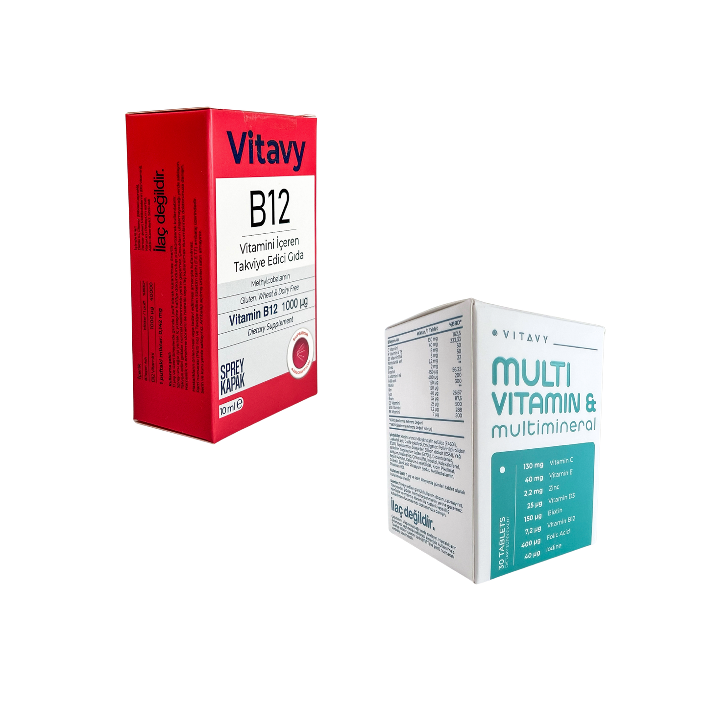 Vitavy Vitamin ve Mineral İçeren Takviye Edici Gıda (Multivitamin & Multimineral) ve Vitavy B12 Vitamini İçeren Takviye Edici Gıda | İkili Set