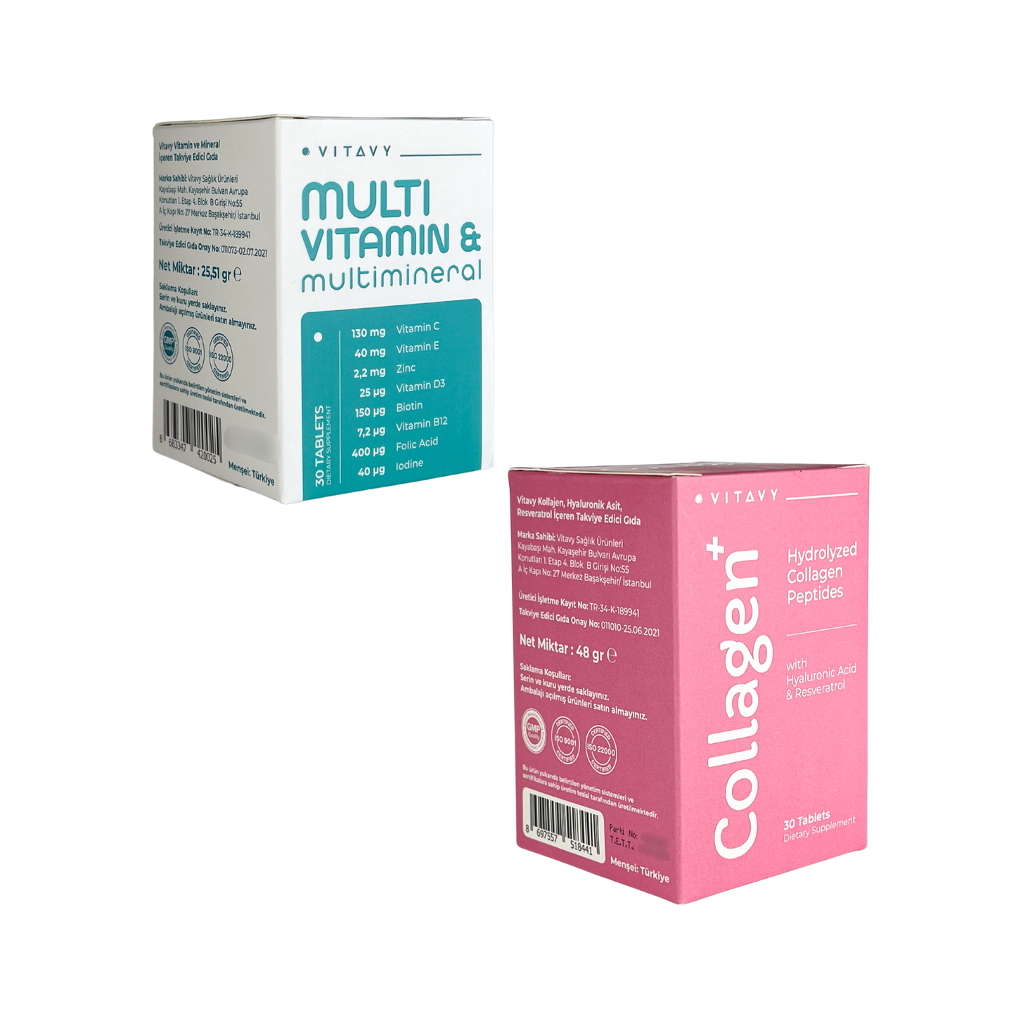 Vitavy Vitamin ve Mineral İçeren Takviye Edici Gıda (Multivitamin & Multimineral) ve Vitavy Kollajen & Hyaluronik Asit & Resveratrol İçeren Takviye Edici Gıda | İkili Set