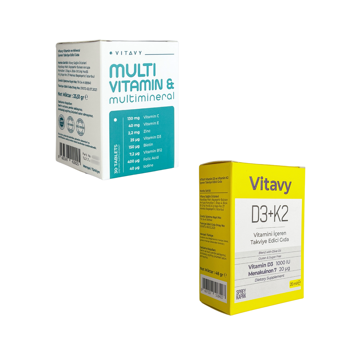 Vitavy Vitamin ve Mineral İçeren Takviye Edici Gıda (Multivitamin & Multimineral) ve Vitavy D3K2 Vitamini İçeren Takviye Edici Gıda | İkili Set