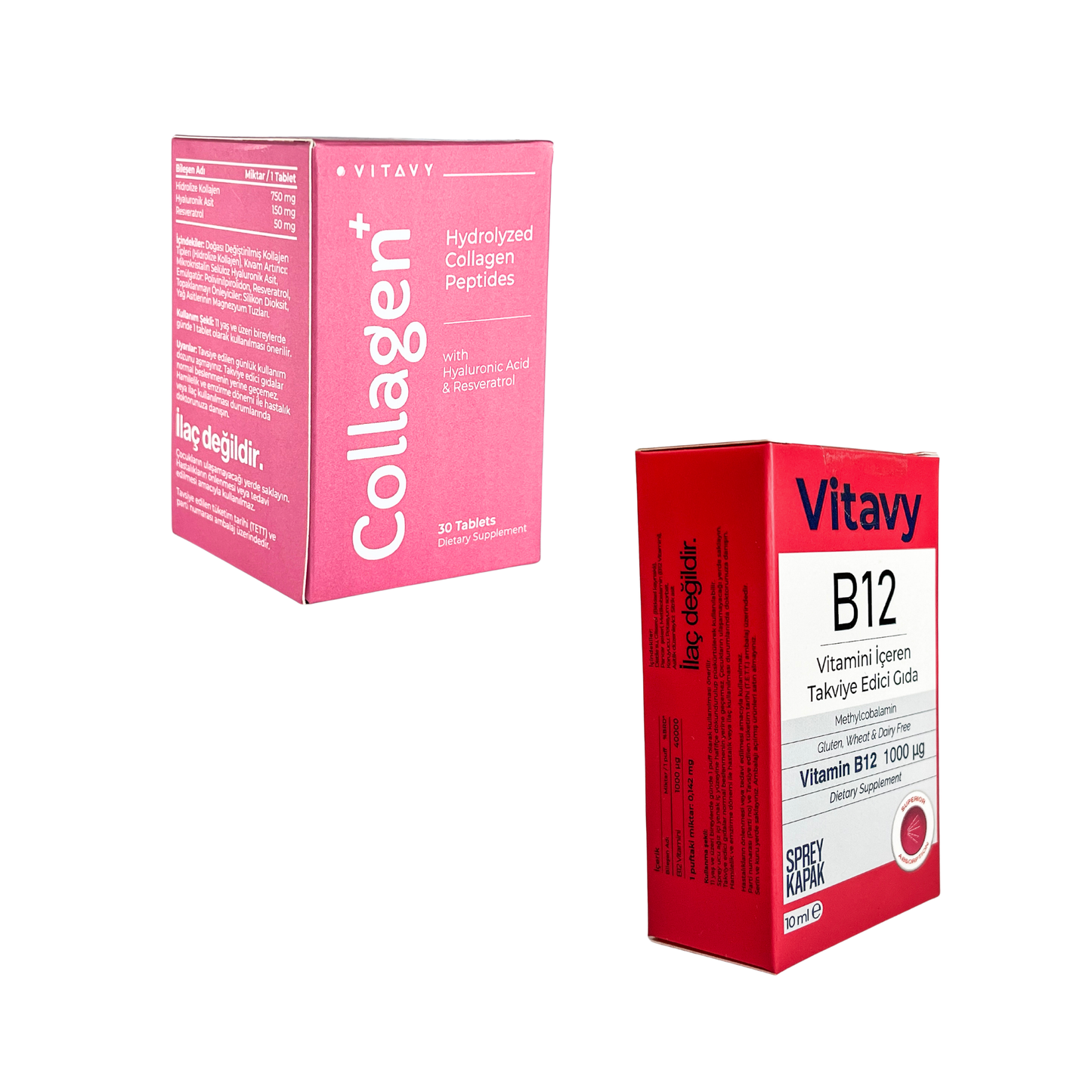Vitavy Kollajen & Hyaluronik Asit & Resveratrol İçeren Takviye Edici Gıda ve Vitavy B12 Vitamini İçeren Takviye Edici Gıda | İkili Set
