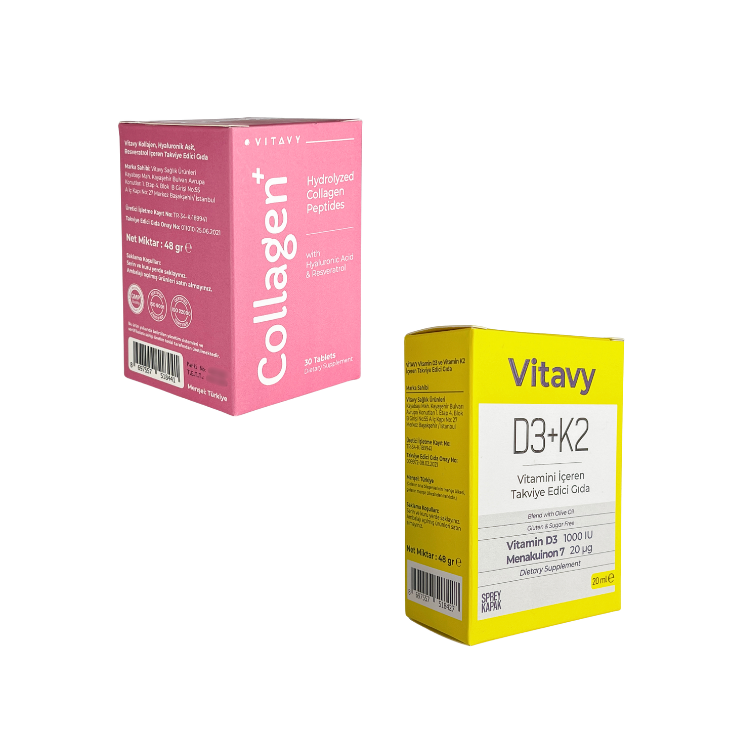 Vitavy D3K2 Vitamini İçeren Takviye Edici Gıda ve Vitavy Kollajen & Hyaluronik Asit & Resveratrol İçeren Takviye Edici Gıda | İkili Set
