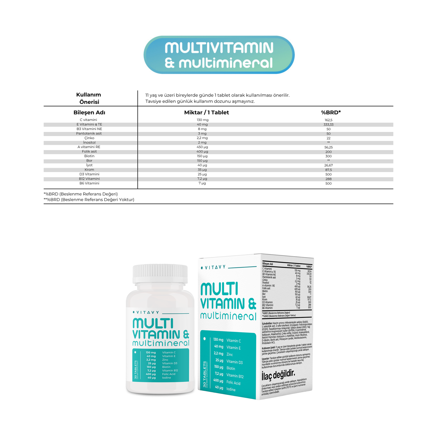 Vitavy Vitamin ve Mineral İçeren Takviye Edici Gıda (Multivitamin & Multimineral) ve Vitavy B12 Vitamini İçeren Takviye Edici Gıda | İkili Set