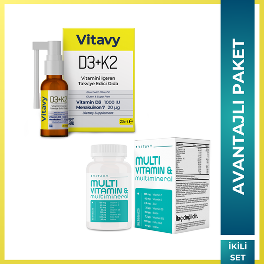 Vitavy Vitamin ve Mineral İçeren Takviye Edici Gıda (Multivitamin & Multimineral) ve Vitavy D3K2 Vitamini İçeren Takviye Edici Gıda | İkili Set