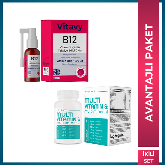 Vitavy Vitamin ve Mineral İçeren Takviye Edici Gıda (Multivitamin & Multimineral) ve Vitavy B12 Vitamini İçeren Takviye Edici Gıda | İkili Set