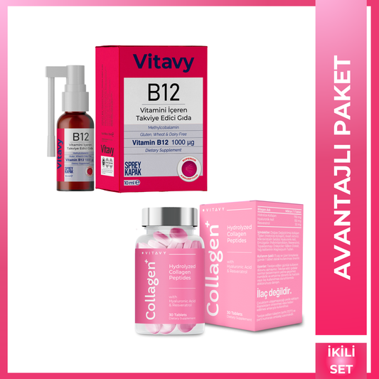 Vitavy Kollajen & Hyaluronik Asit & Resveratrol İçeren Takviye Edici Gıda ve Vitavy B12 Vitamini İçeren Takviye Edici Gıda | İkili Set