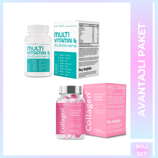 Vitavy Vitamin ve Mineral İçeren Takviye Edici Gıda (Multivitamin & Multimineral)  ve Vitavy Kollajen & Hyaluronik Asit & Resveratrol İçeren Takviye Edici Gıda | İkili Set