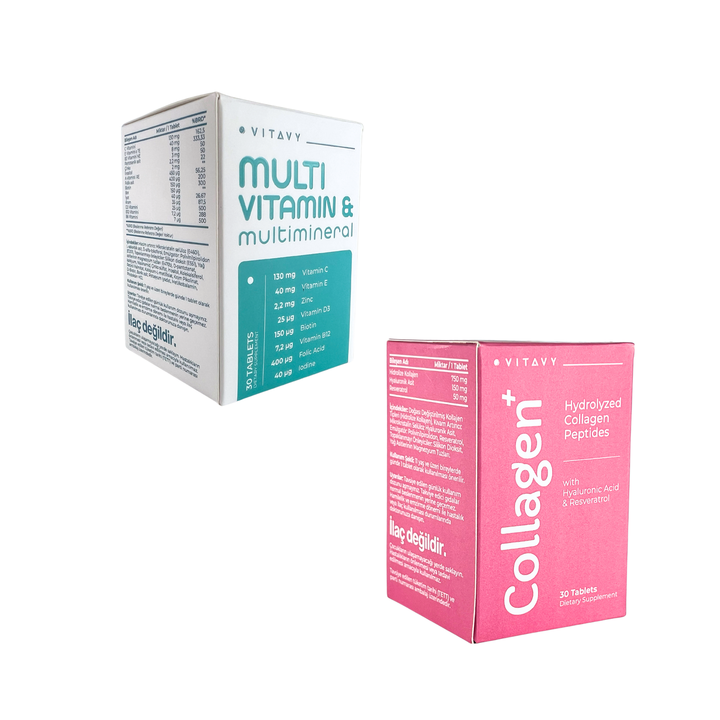 Vitavy Vitamin ve Mineral İçeren Takviye Edici Gıda (Multivitamin & Multimineral)  ve Vitavy Kollajen & Hyaluronik Asit & Resveratrol İçeren Takviye Edici Gıda | İkili Set