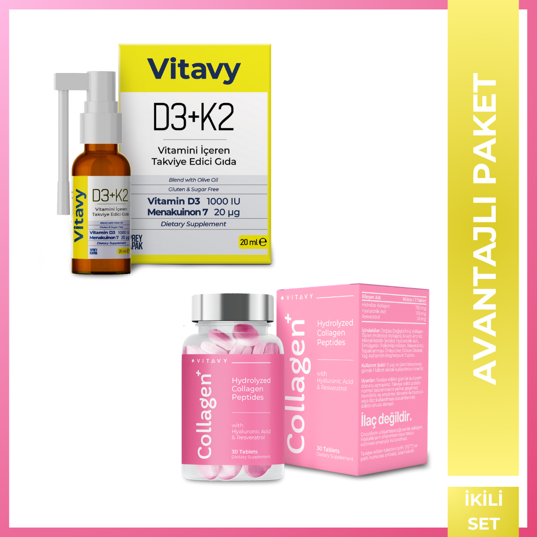 Vitavy D3K2 Vitamini İçeren Takviye Edici Gıda ve Vitavy Kollajen & Hyaluronik Asit & Resveratrol İçeren Takviye Edici Gıda | İkili Set